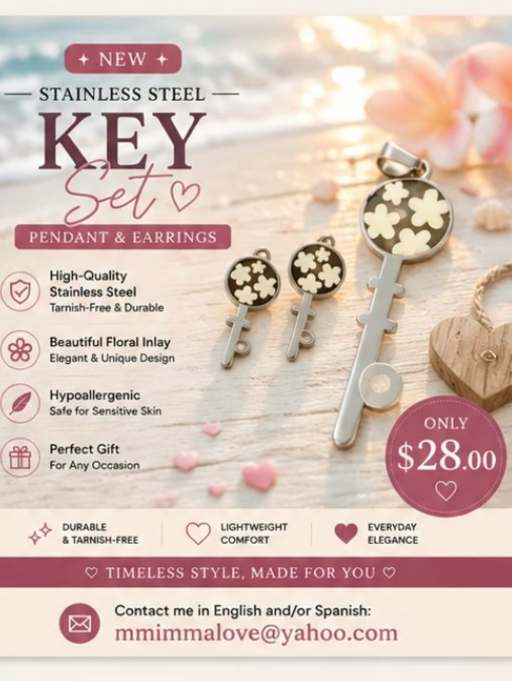 Stainless Steel Floral Key Pendant & Earrings Set - Silver with Cream Inlay
